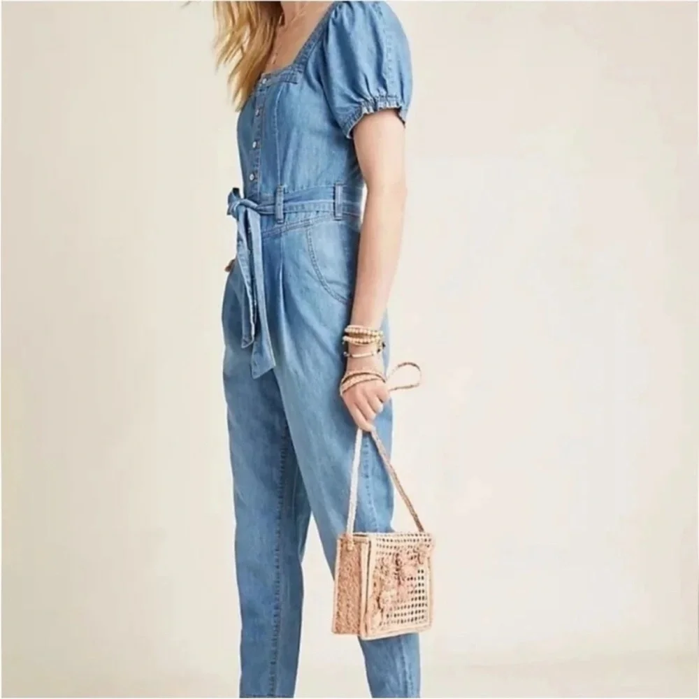 Anthro Pilcro Puff Sleeves Denim Jumpsuit women’s size 6